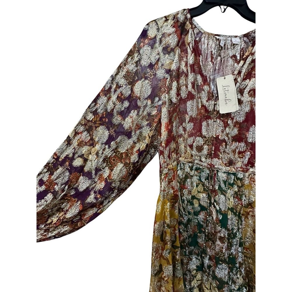 Anthropologie Let Me Be Dress Medium Gold Rainbow Floral Boho Long Sleeve AB14-1 - Picture 3 of 13